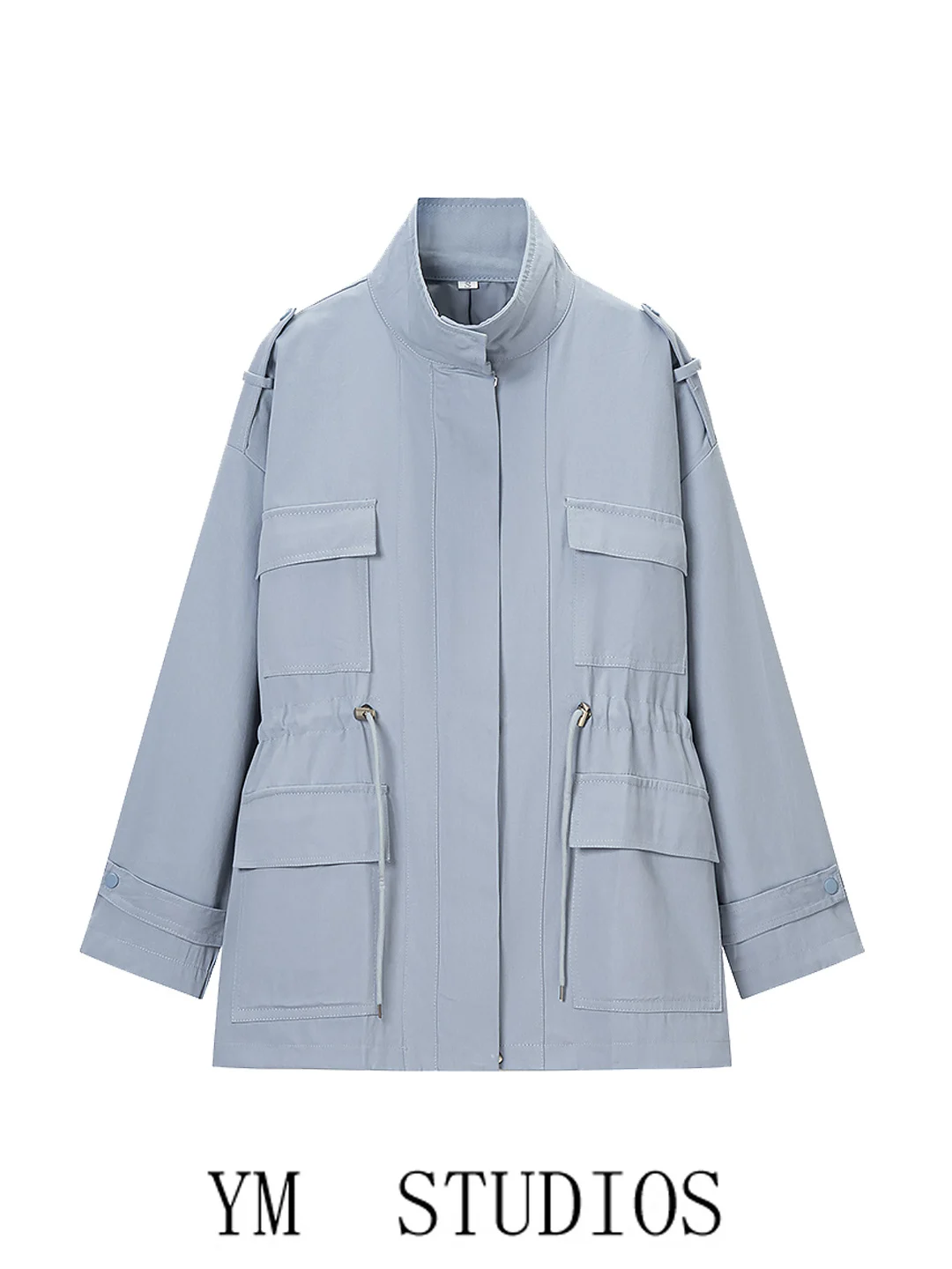 Blue Wind Loose Long Jacket Women's Workwear Style Polyester Fiber 2026 Autumn Season Multi-Pocket Coat Medium-Length