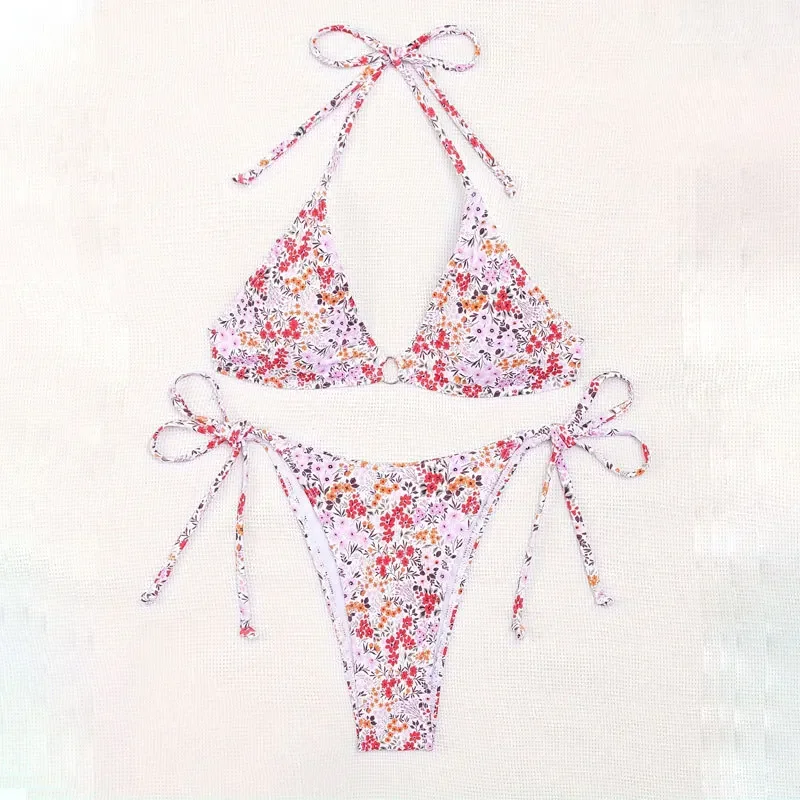 

Swimsuit 2025 Female Micro Bikini Women Swimwear Summer Beachwear Women's Bathing Suit Floral Print Neck Halter Thong Bikini Set