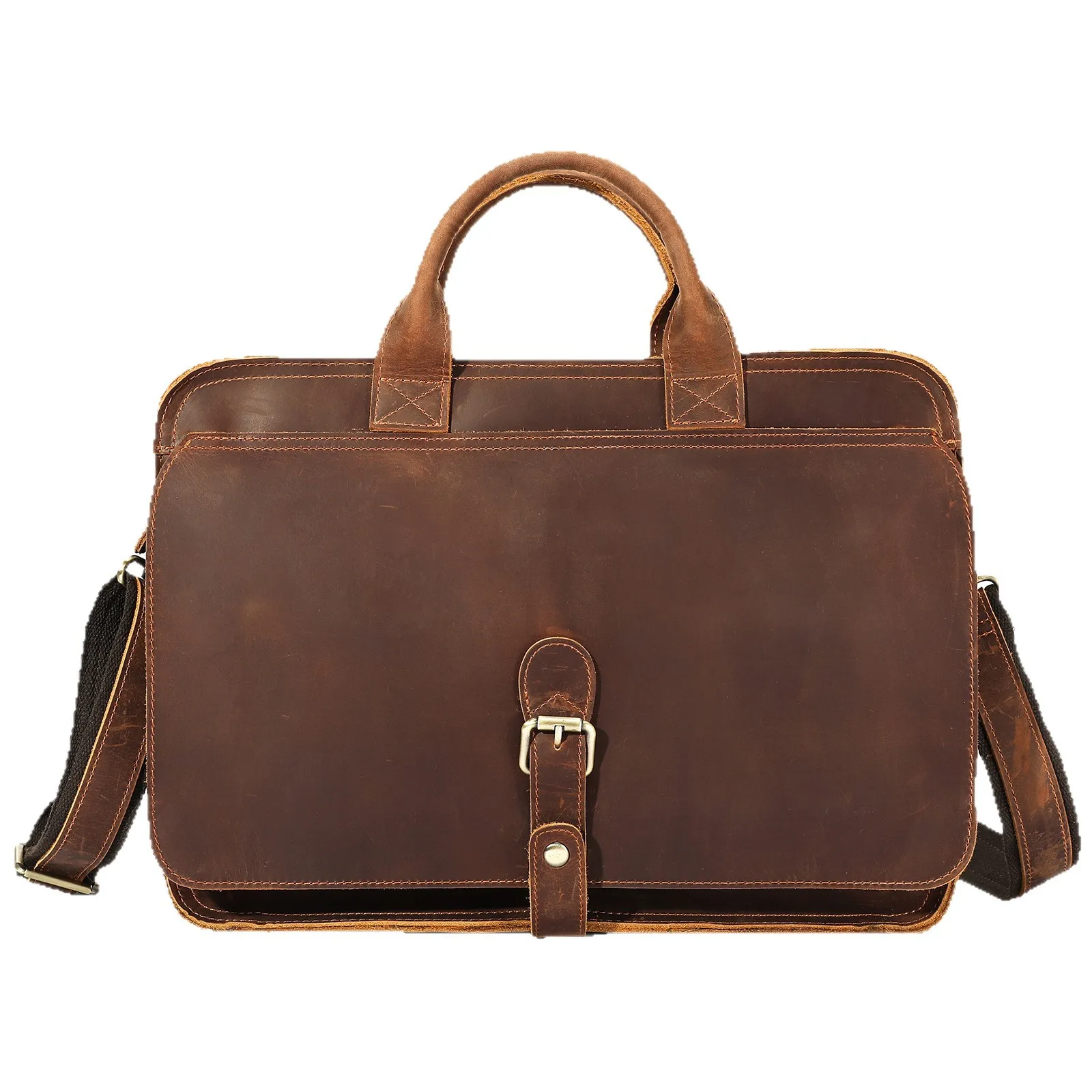Men's Vintage Crazy Horse Leather Briefcase Top Layer Cowhide Handbag Retro British Style Business Messenger Bag