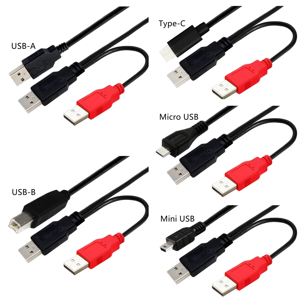 2 en 1 USB 2,0 doble tipo A 2A macho a Mini Micro 5 pines tipo C Y Cable para unidad de disco duro móvil HDD Cable de fecha Cable portátil