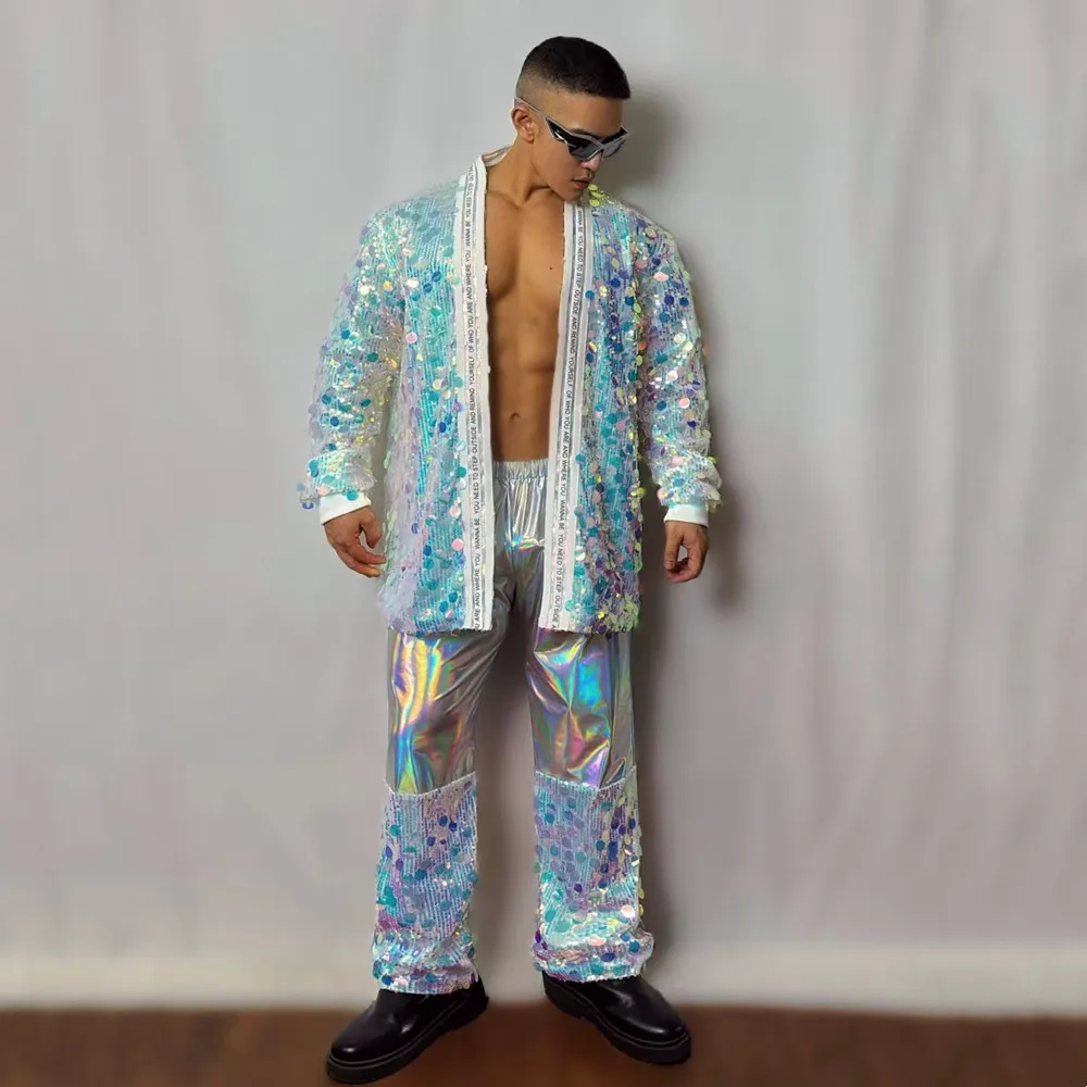 Men's Flashing Sequins Performance Outfit Jazz Dance Costume Coat Pants 2 Piece Set for Bar Nightclub Singer Concert Stage Wear