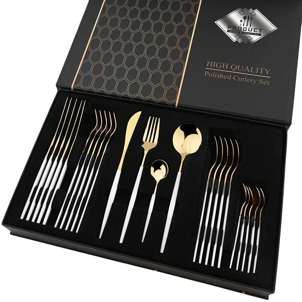 24pcs Black Gold Dinnerware Set Knife Forks Spoon Cutlery Set with Gift Box Stainless Steel Teaspoon Flatware Kitchen Tableware