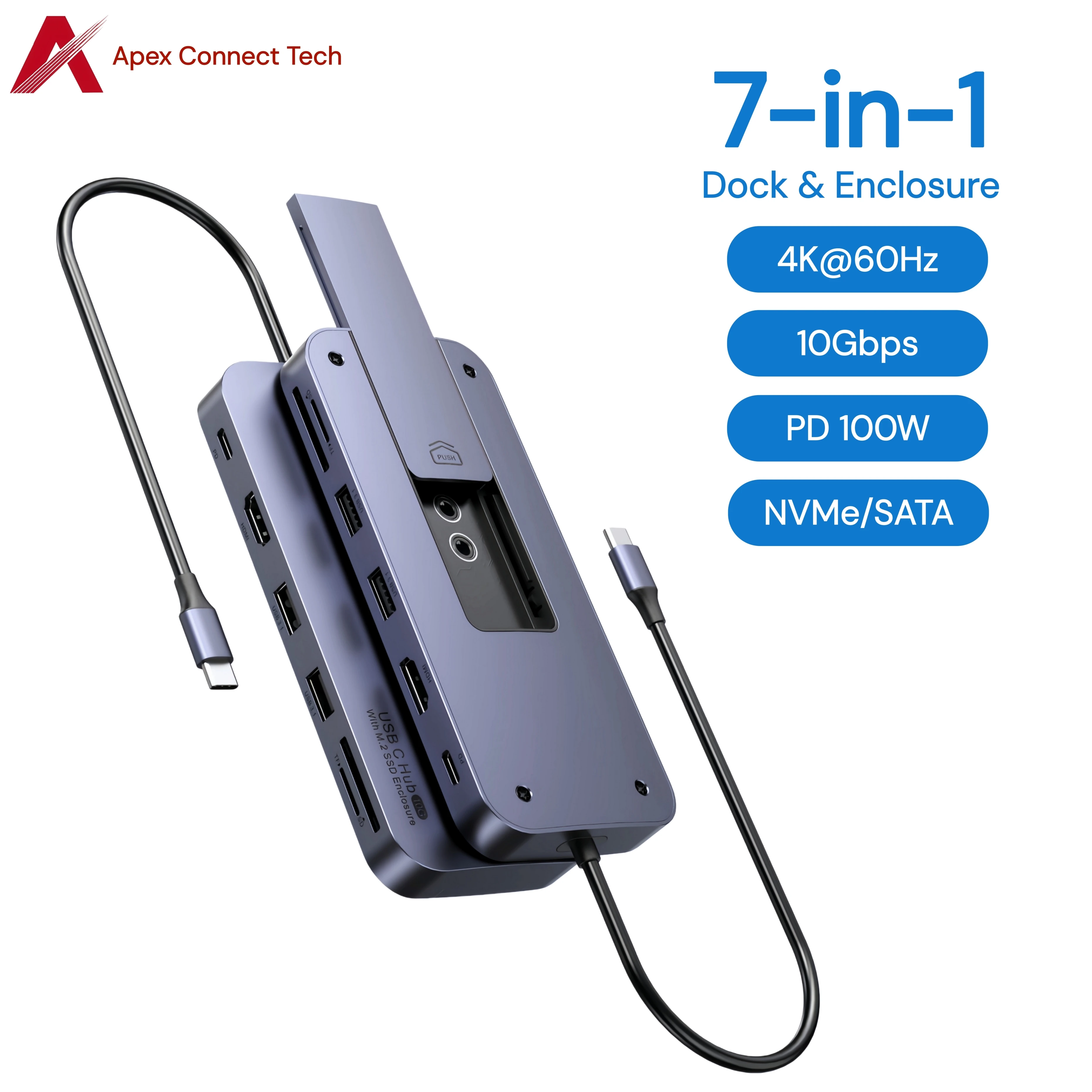 USB C Hub with M.2 NVMe SATA SSD Enclosure HDMI 4K 60Hz 10Gbps PD 100W Card Reader Docking Station Multiport Adapter for MacBook