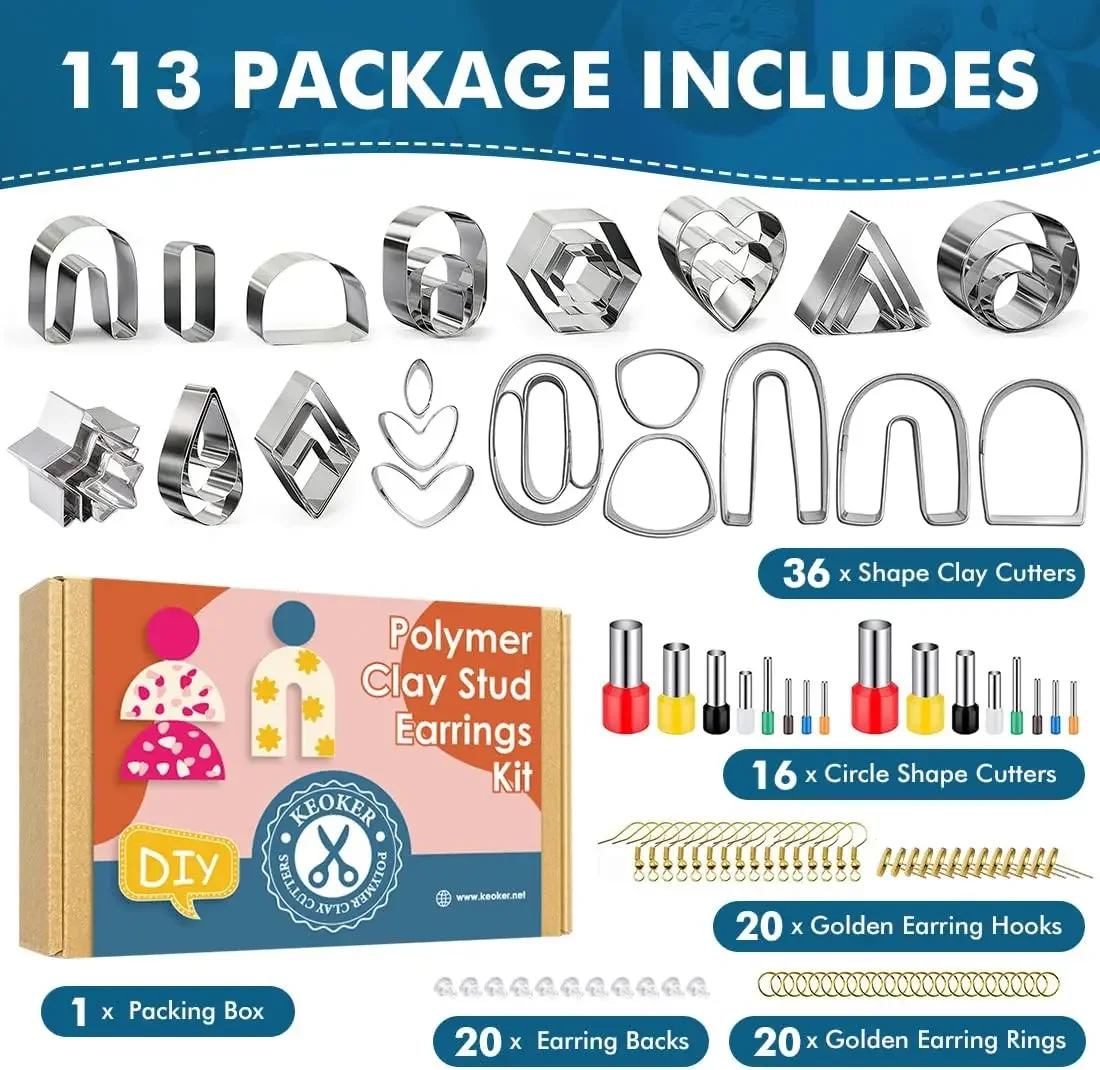 142 pçs cortadores de argila de polímero de aço inoxidável cortador de brinco de argila com ganchos de brinco anéis de salto diy jóias artesanato acessórios