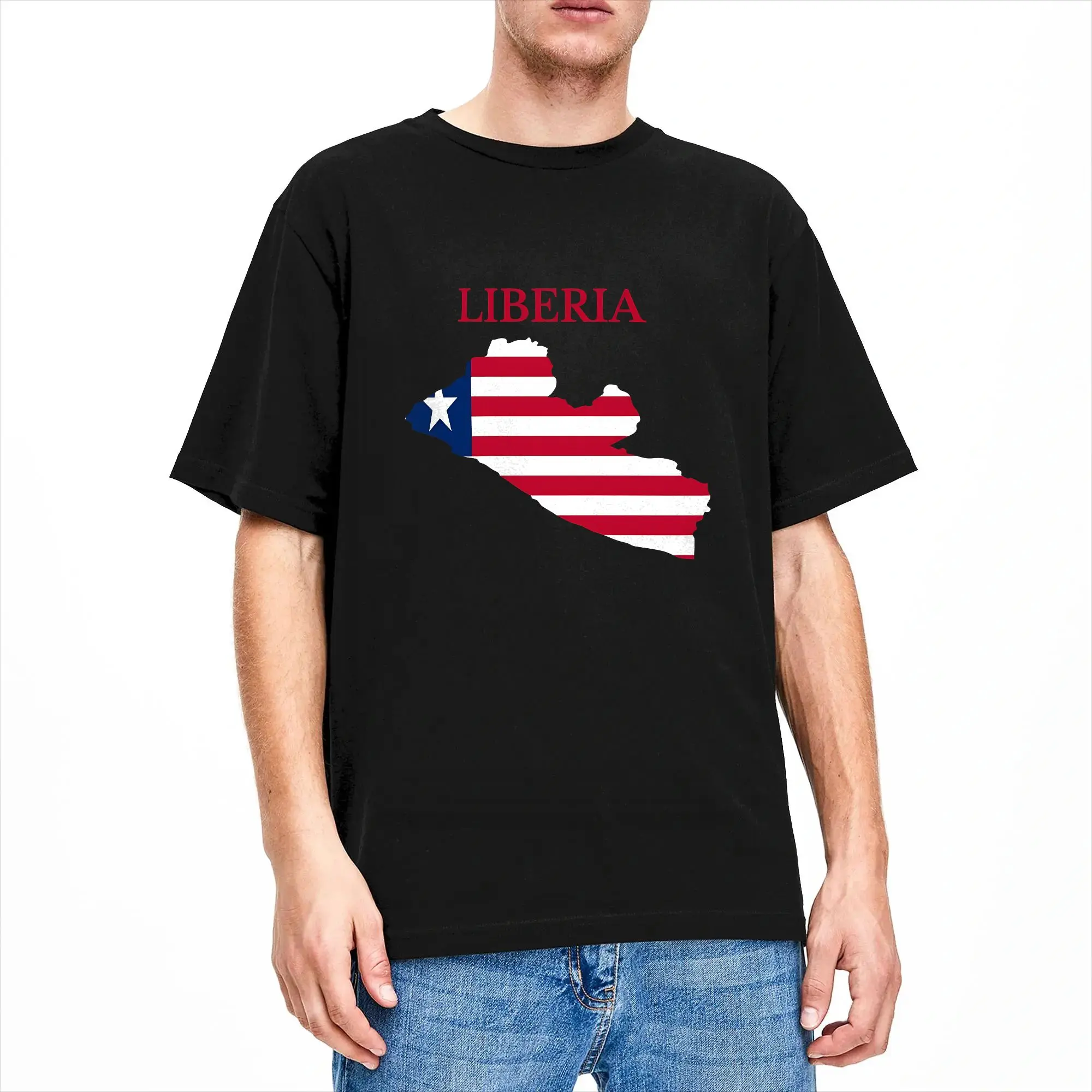 Liberia Map flag Men's T Shirts  Hipster Tees Short Sleeve Round Collar T-Shirt 100% Cotton Graphic Printed Clothing