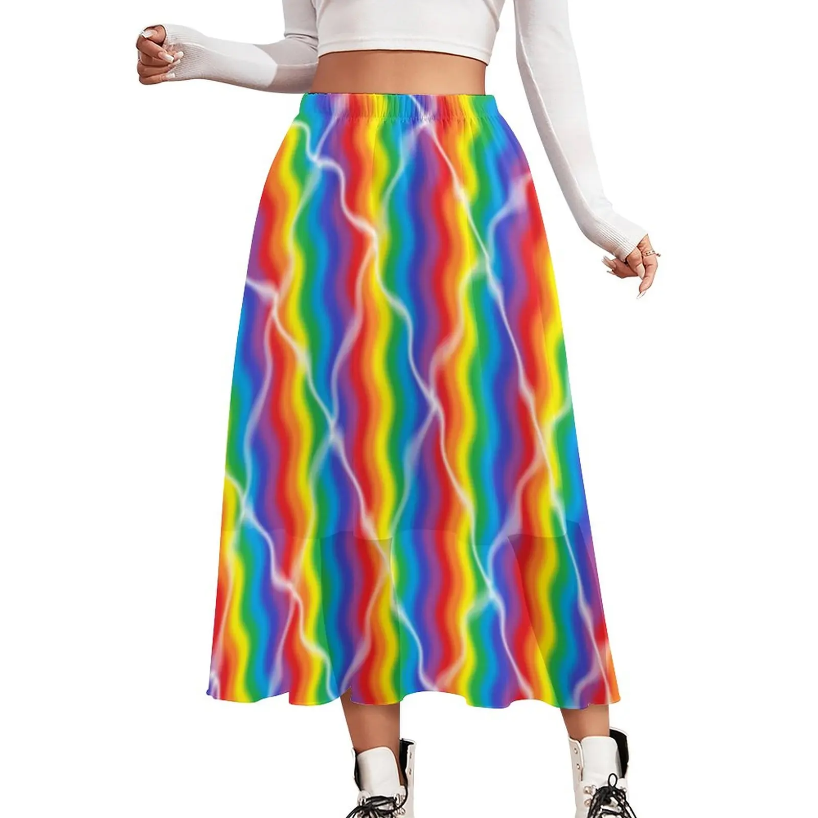 Cracked Rainbow Skirt Abstract Stripes Colorful Vintage Boho Skirts Elastic Waist Print Harajuku Casual Skirt Big Size 3XL 4XL