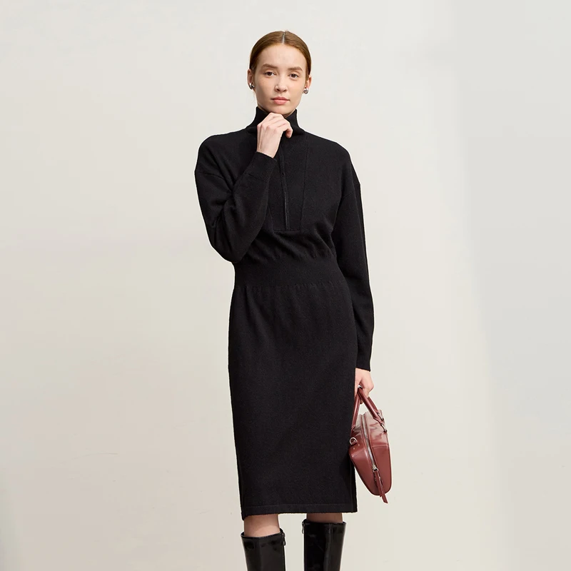 아미 여성 드레스 2025 겨울 신상 오피스룩 터틀넥 지퍼 루즈핏 미디 드레스 긴팔 니트 스트레이트 스커트 12524062