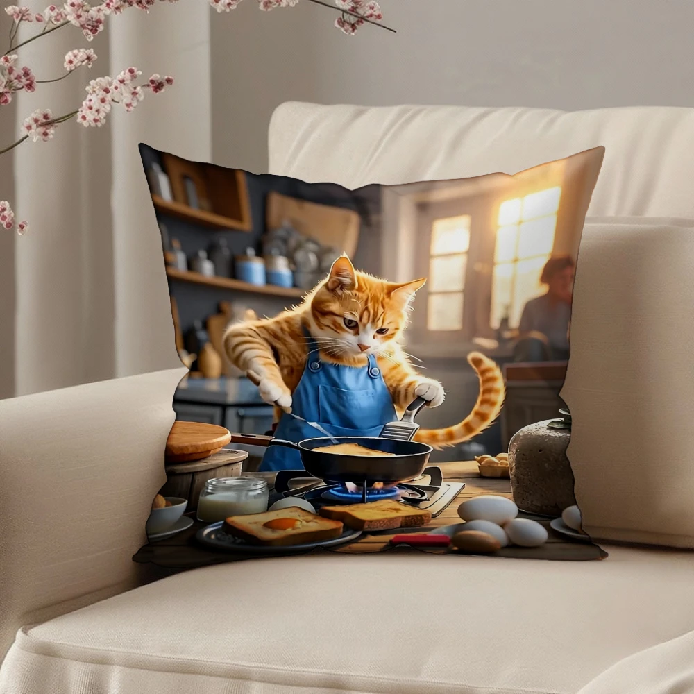 Square Throw Pillow Cover Multicolor Funny Orange Cat Cooking In Kitchen Apron Print For Living Room Sofa Bedroom Home Decor