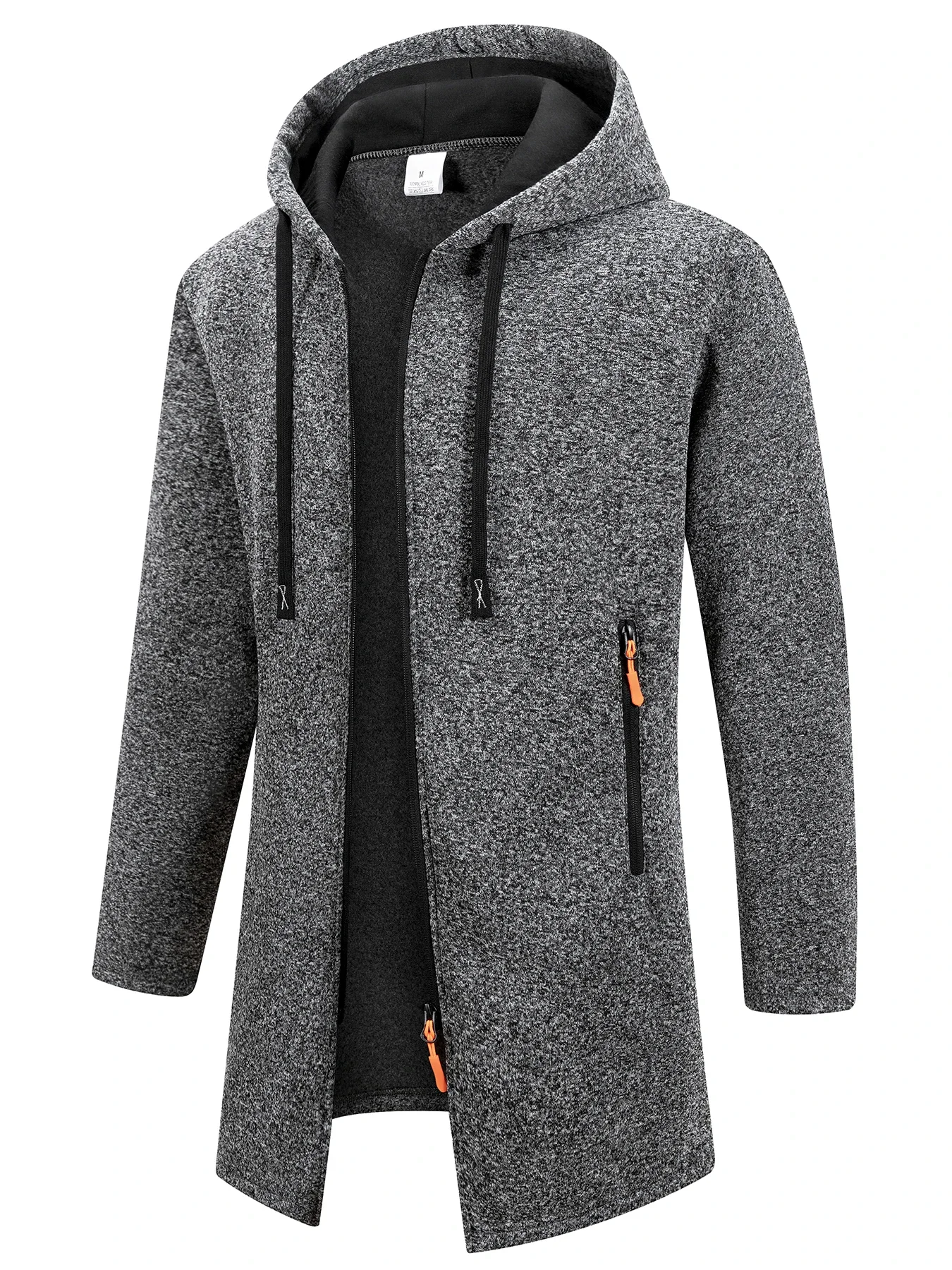 Mid Length Hooded Jacket Men Fall Winter Full Zip Drawstring Hood Casual Warm Coat Zipper Side Pockets Outerwear