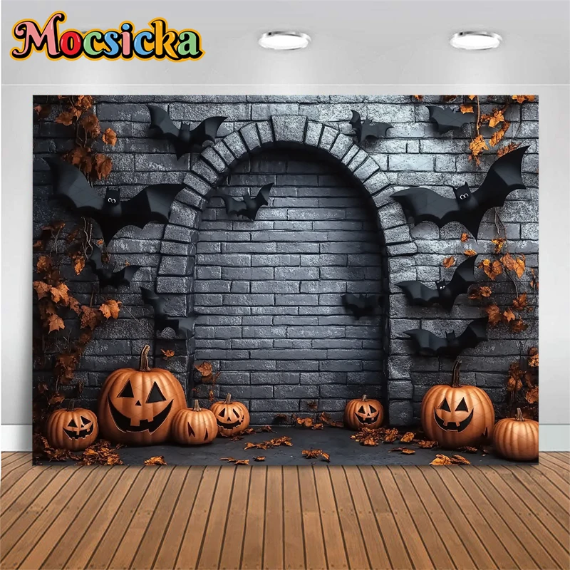 Mocsicka Halloween Photography Background Grey Brick Wall Bats Decorations Autumn Pumpkin Party Photo Backdrops Studio Wallpaper