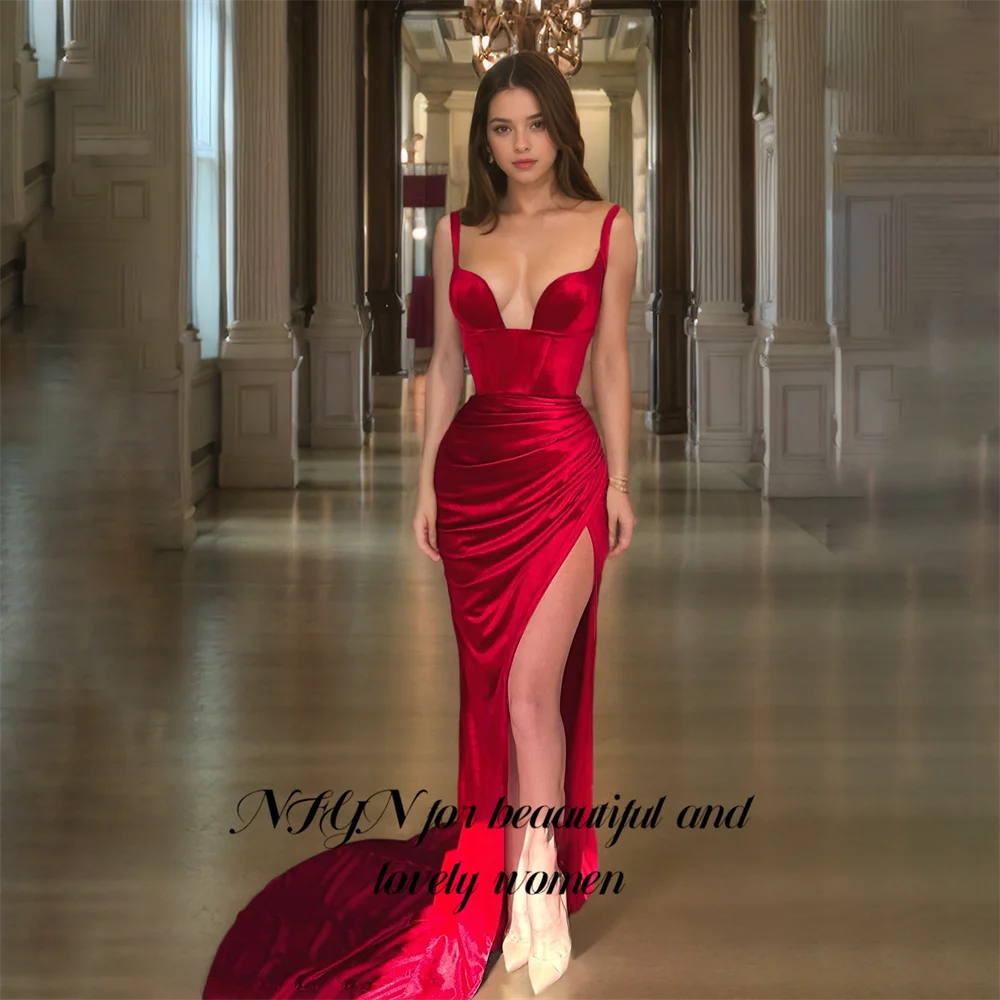 

NFYN Red Mermaid Sweetheart Formal Gown Stain Spaghetti Strap Women's Evening Dress Pleat Prom Dress with High Split Customized