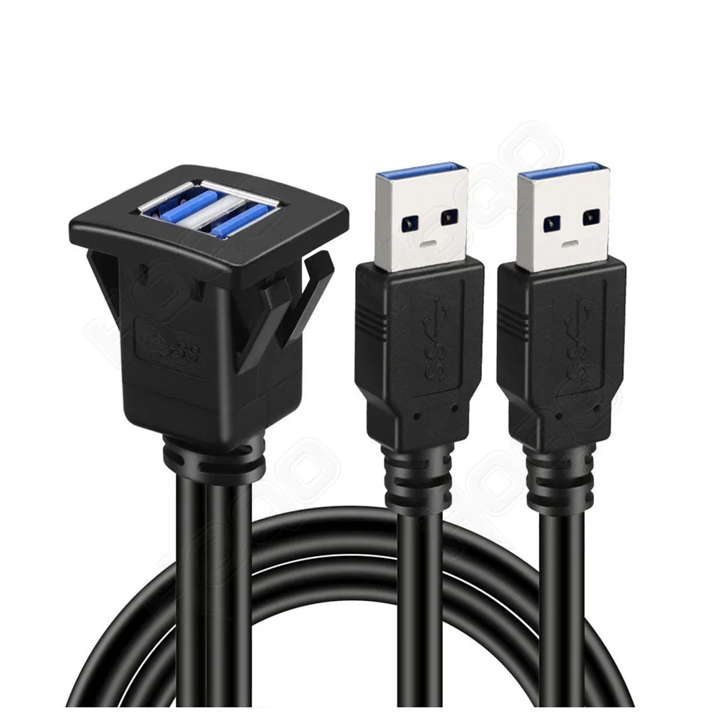 Dual port USB Socket Cabe USB3.0 Auto Car Flush Mount Extension Cord Dashboard Panel Square USB cable for Motorcycle