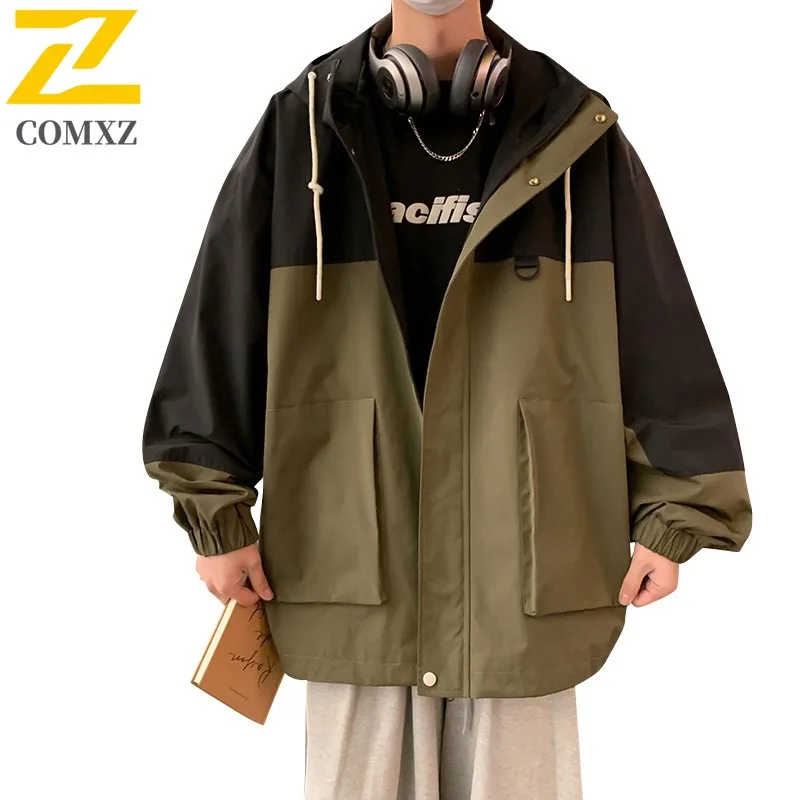 

COMXZ Men Jacket Splicing Hooded Outdoor Travel Windproof Coat Casual Streetwear Trendy Camping Wear Resistant Autumn Wear