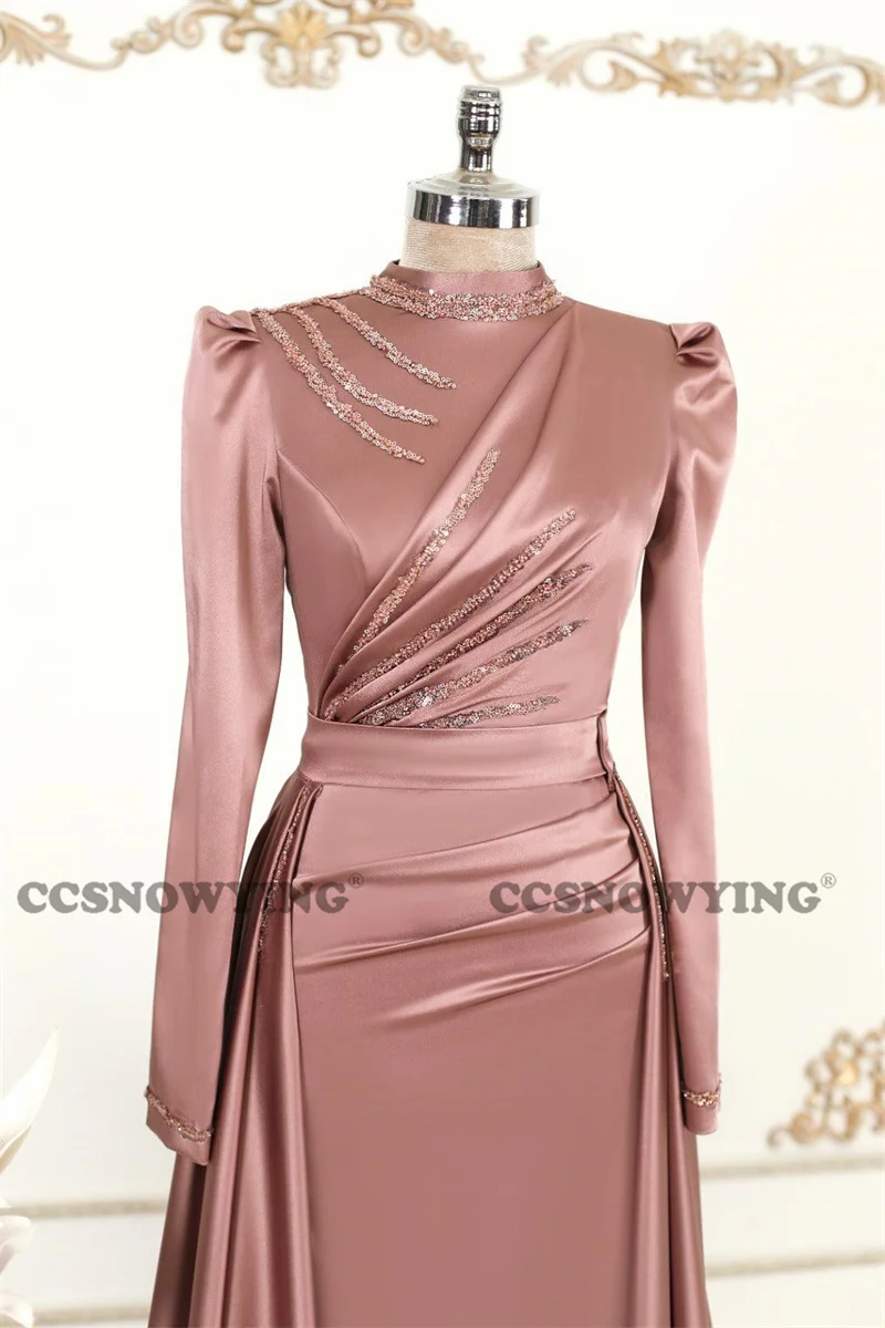 Satin Beaded Muslim Evening Dress Long Sleeve Prom Dress High Neck Islamic Arabia Dubai Formal Party Gown Hijab Robe De Soiree