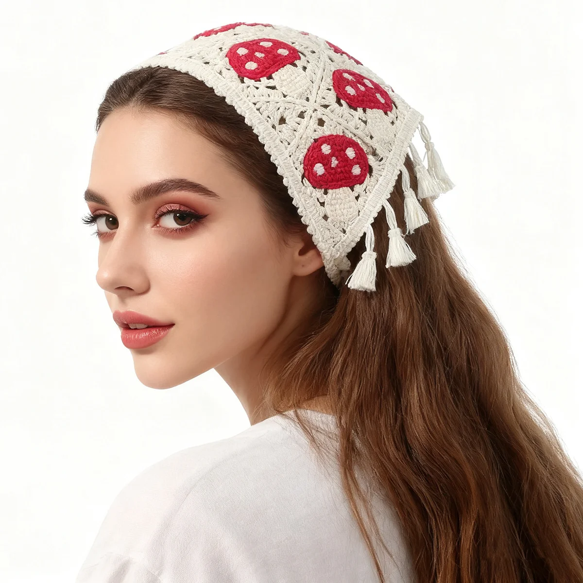 

2PCs Rustic Fashion‌ Crochet Mushroom Bandana Hair Scarf Knitted Floral Headbands Retro Turban Hairband Hair Accessories