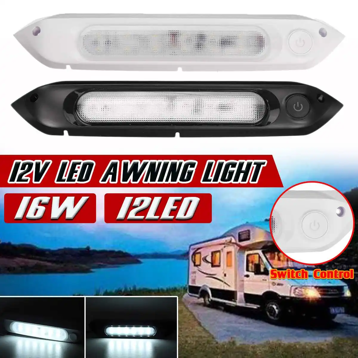 LED 16W Awning Porch Light With Switch Waterproof Motorhome Camper Caravan Interior Wall Lamps Bar 12V RV Van Car Exterior Light