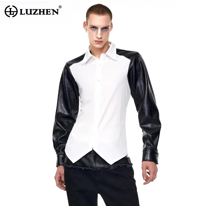 

LUZHEN Original Color Contrast Splicing Leather Pu Long Sleeve Shirts Men 2025 Autumn Fashion Niche Design Casual Clothes JY3820