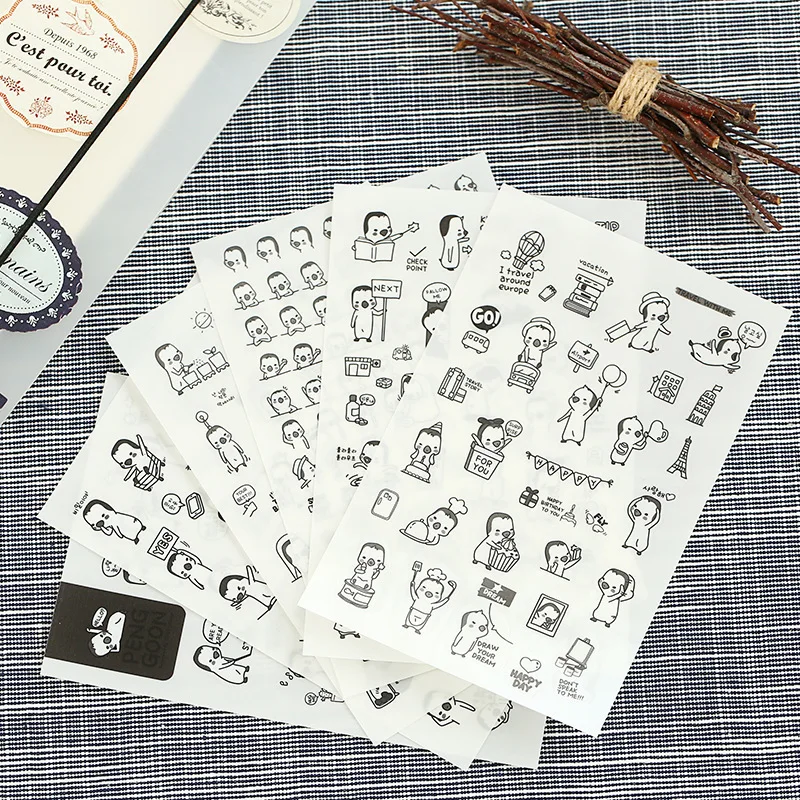 6 Sheets/Pack Cute Penguin Cartoon Animal Decoration Scrapbooking Stickers Transparent PVC Stationery Planner Stickers