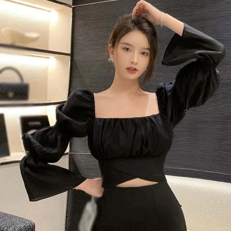 Women Korean Version Square Collar Bow Bandage Sweet Navel Exposed Chiffon Long Sleeves Shirts Blouse