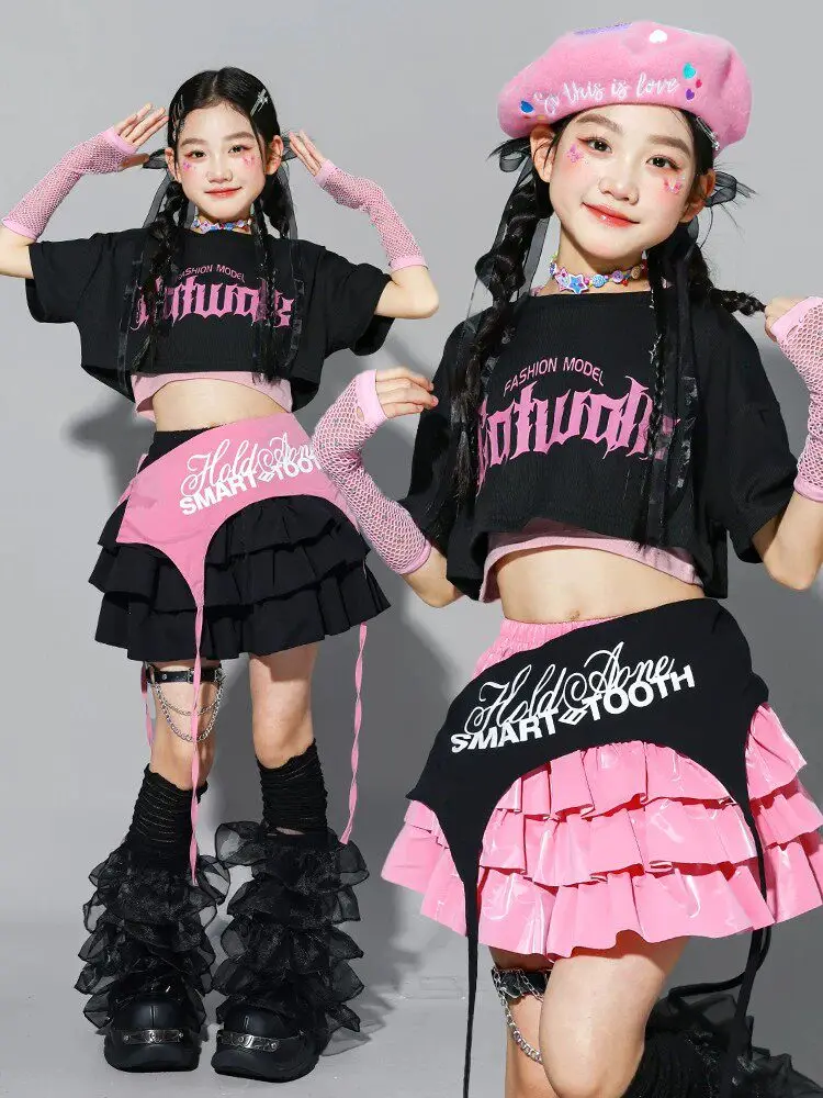 

Костюм для танцев для девочек, черный джазовый костюм для выступлений, укороченный топ с короткими рукавами, розовая юбка-кейк, детская уличная одежда в стиле K-pop BL18690