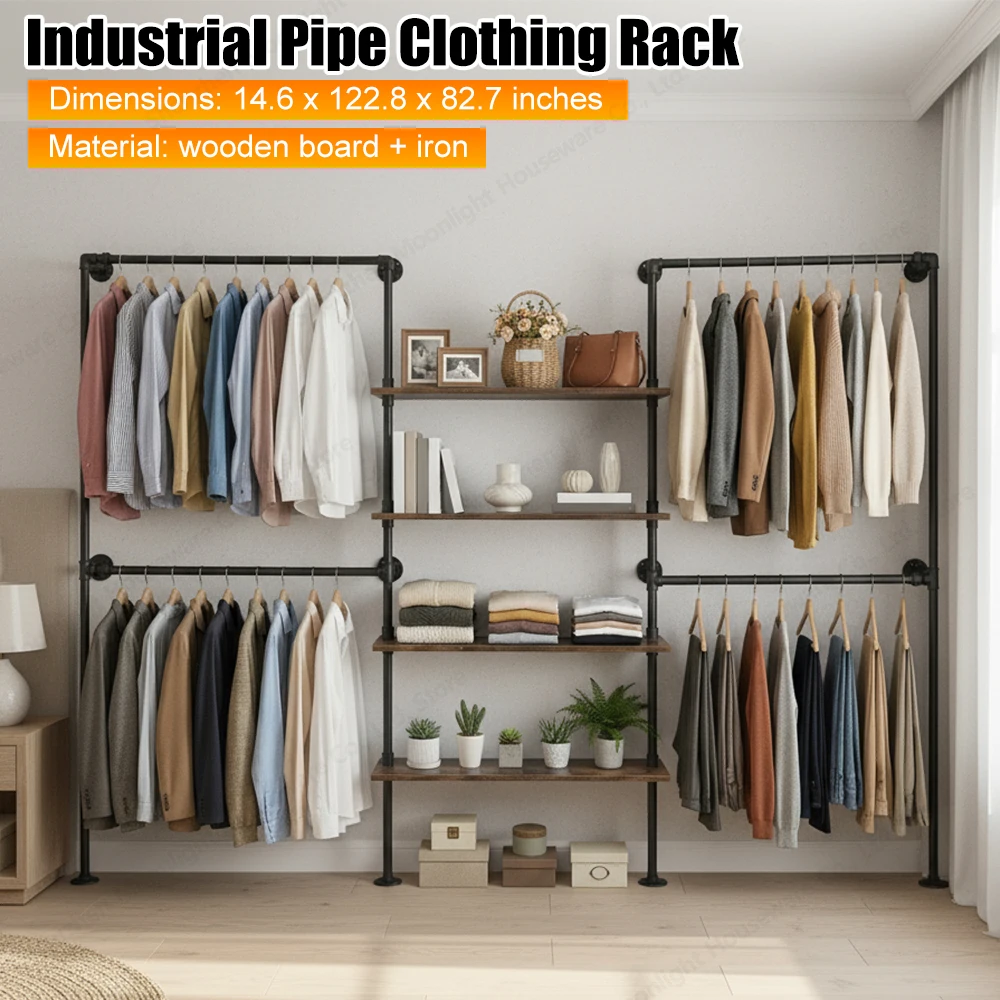 

Настенные деревянные полки с промышленными трубчатыми элементами, двойные вешалки для одежды, усиленные, для спальни, гардеробной, хранения одежды