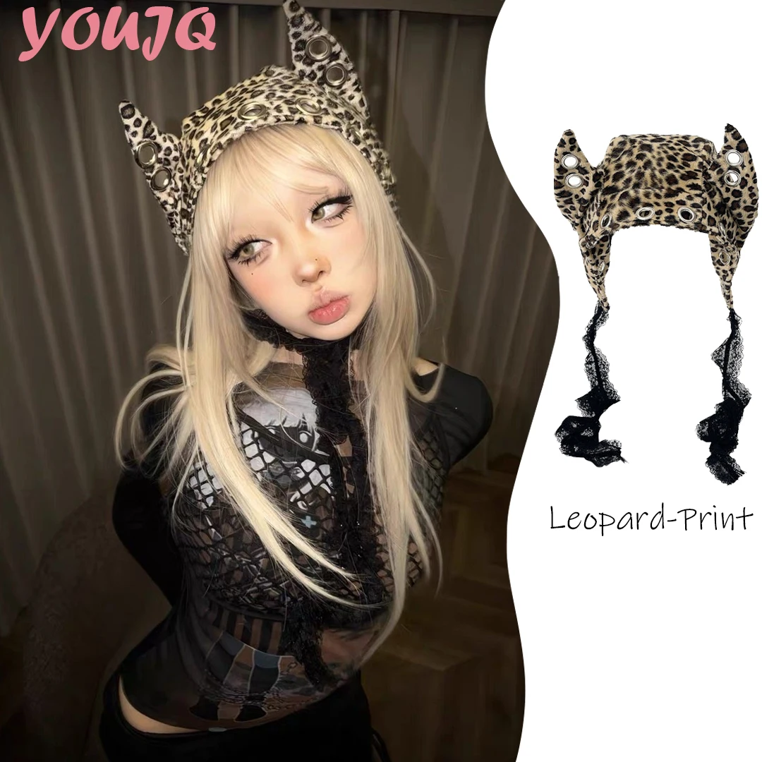 

Punk Leopard-Print Devil Horns Lace Strap Beanies Hats for Women Y2K Spring Autumn Street Trend Versatile Personality Cap Bonnet