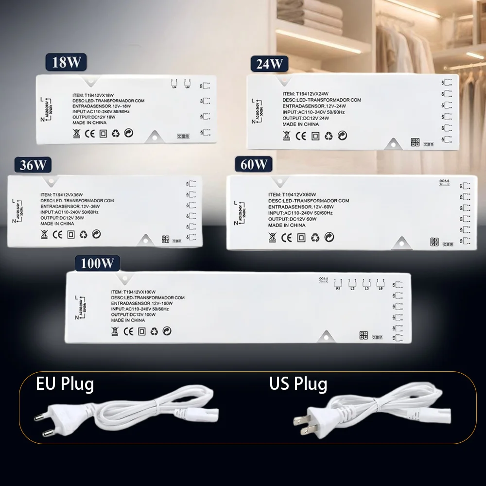12V LED Lighting Transformer 18W-100W Multi-power Power Supply Adapter EU/US Plug Dupont Port LED Strip Driver DIY Home Cabinet