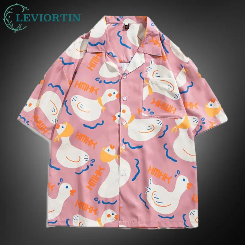 

Korean Oversized Shirts Men Summer Short Sleeve Funny Duck Full Printed Shirt Hawaii Beach Harajuku Pink Top