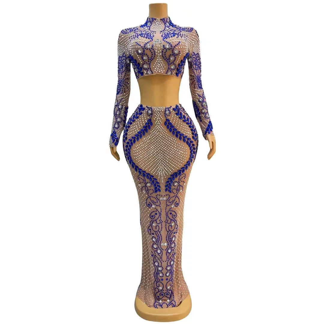 

See Through Sexy luxurious Birthdav blueRhinestones Dress Crystals Design TransparentSinger Dresses C232