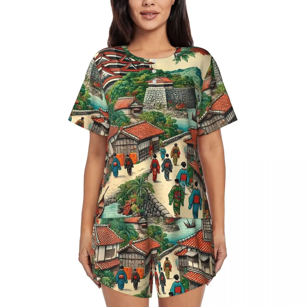 

Ночная рубашка с круглым вырезом и короткими рукавами Ryukyu Kingdom Castle Town Walk, женская мягкая пижама с короткими штанами