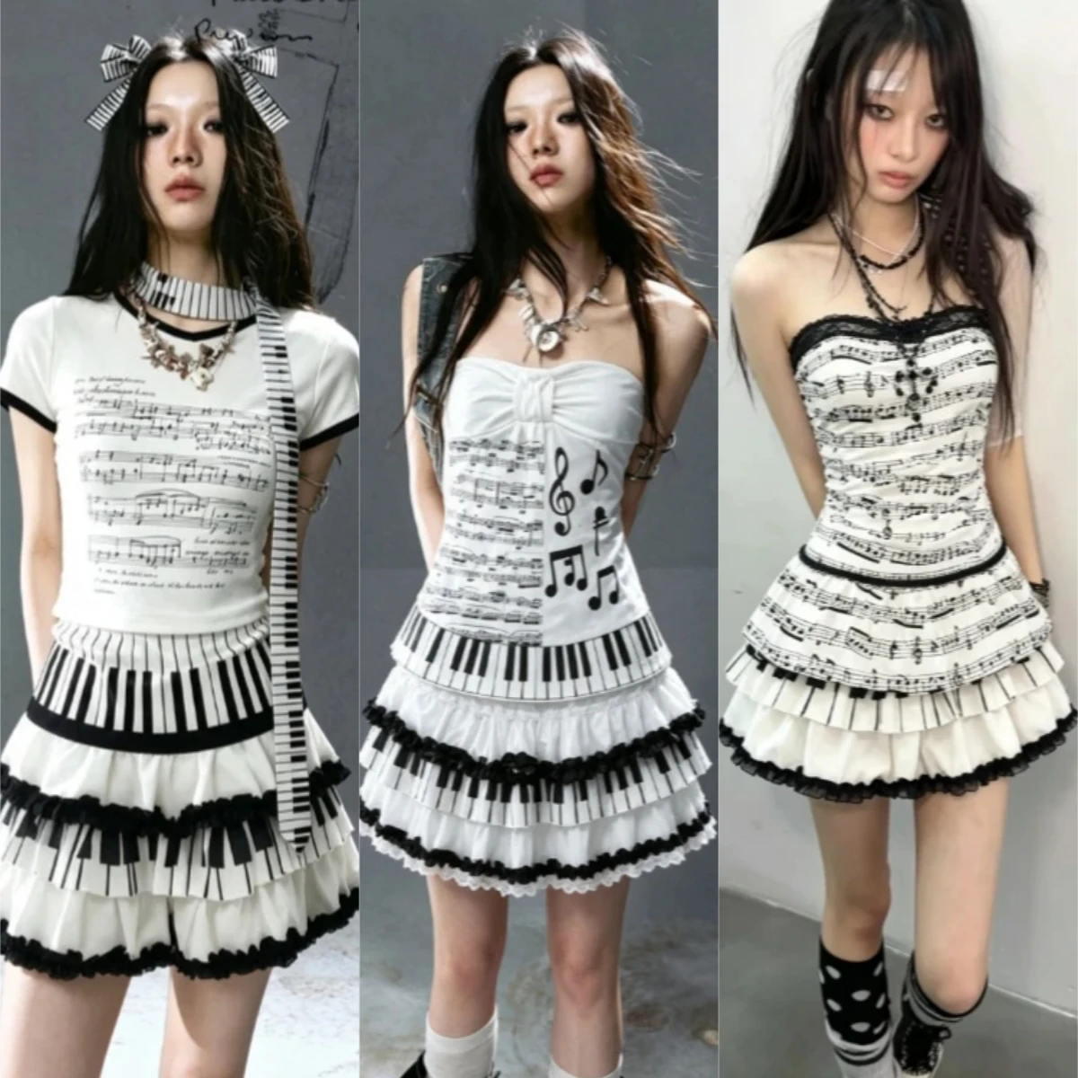 Japanese Sweet Matching Set Ladies Color Star Graphic Sling Top Shiny Layer Skirt Vintage Summer Casual Two Piece Outfit