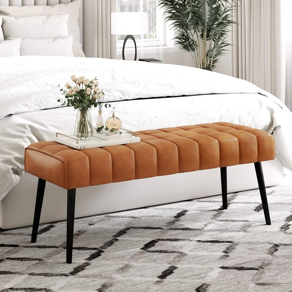 

44.5” End of Bed Bench, Faux Leather Tufted Upholstered Bedroom/Modern Ottoman Bench with Metal Legs for Living Room, Entryway,