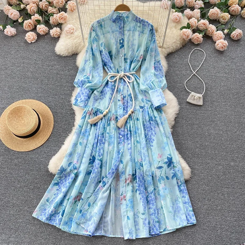 

New Casual Spring Autumn Floral Print Button Slim Lady Full Dress A Line Turndown Collar Chiffon Women Dresses