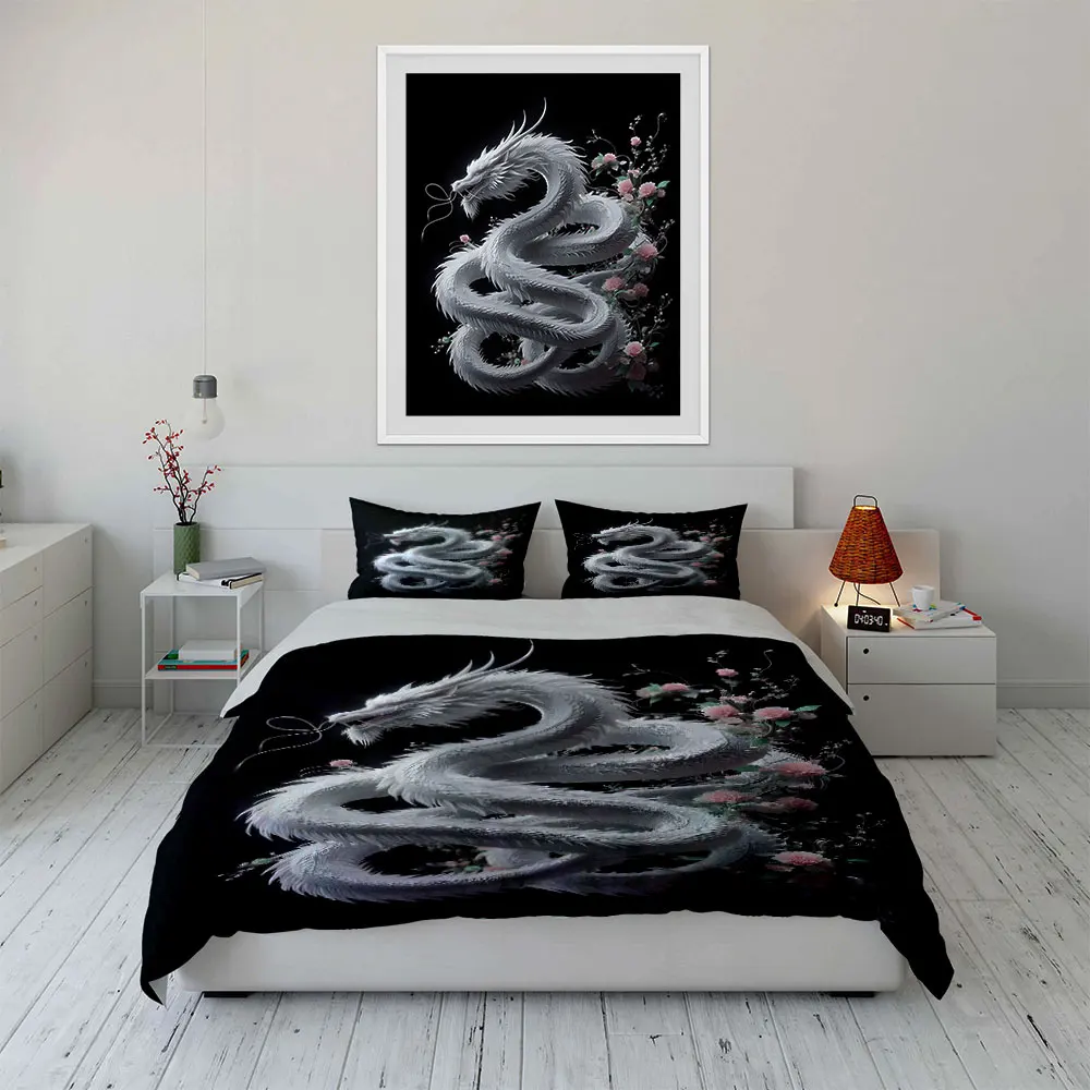 White dragon coiled among blossoms Bedding Set for Kids Luxury Gift 3pcs Digital Print Comforter Set Soft Comfortable 4