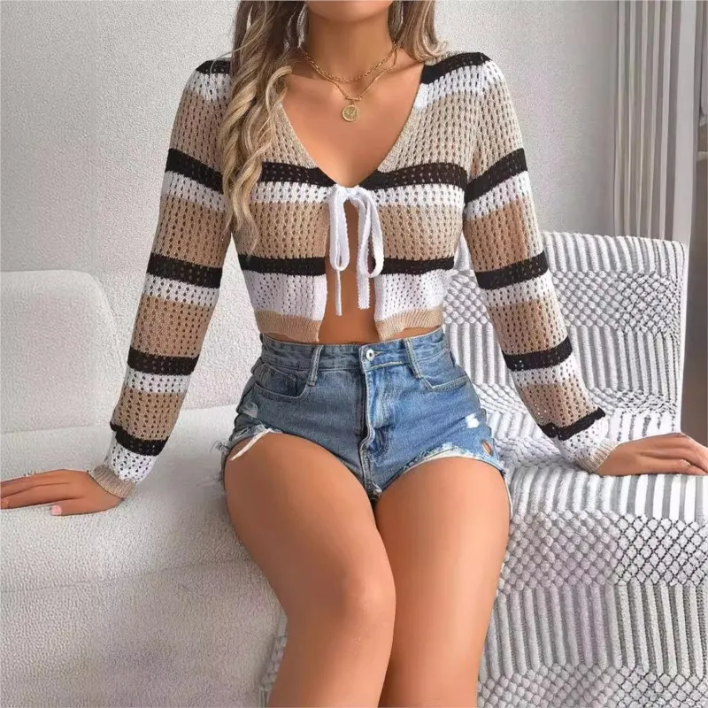 Female Hollow Out Contrasting Color Lace Up Long Sleeved Exposed Navel Knitted Cardigan Sun Protection Shirt Buttonless Top 2024