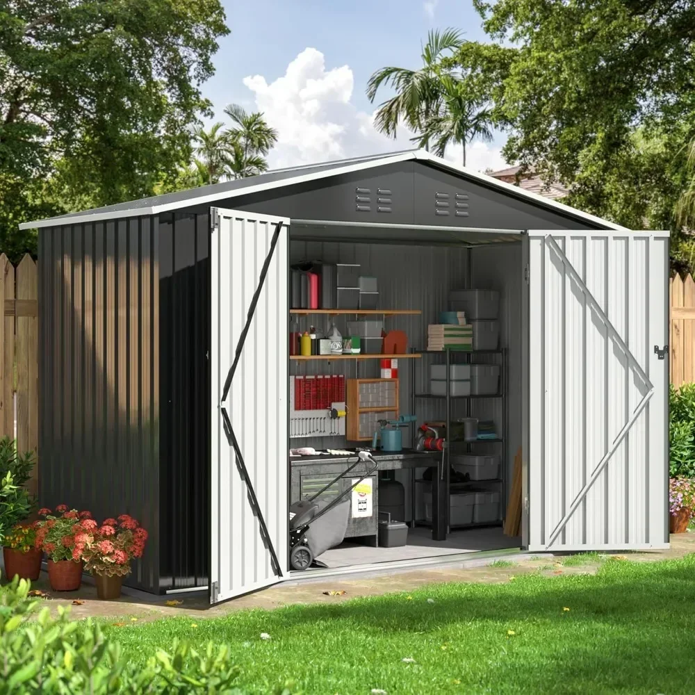 Metal Storage Shed, Large Outdoor Shed with Updated Frame Structure, Garden Tool Sheds for Backyard Patio Lawn，4x9FT