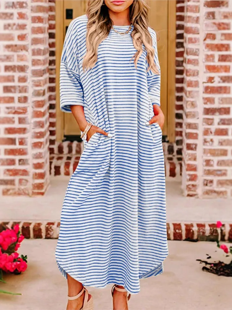 Robes rayées pour femmes, nouvelle mode coréenne, mi-longue, manches courtes, longueur aux genoux, t-shirt ample, robes décontractées pour le bureau, été 2025