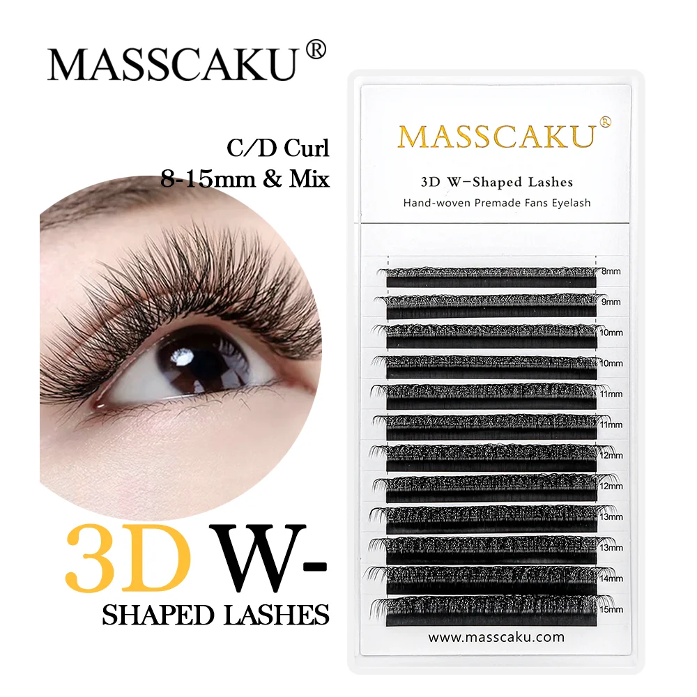 

MASSCAKU sell 12 rows W type soft comfortable 3D 4D clover premade russian volume mink silk fans eyelash extension for makeup