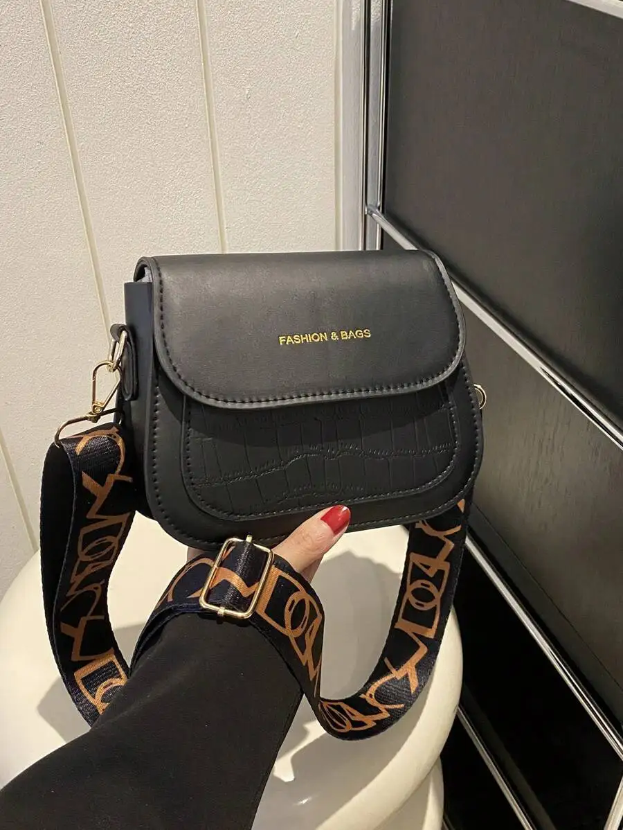 

Women's Croc-Embossed PU Leather Saddle Crossbody Bag with Wide Logo-Print Strap