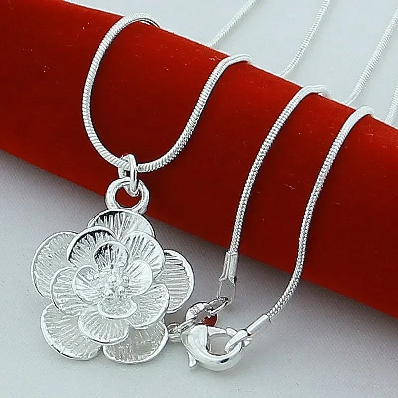 925 Sterling Silver Rose Flower Wisiorek Naszyjnik 18/20-24/26/30 Inch Łańcuch węża dla kobiet Biżuteria zaręczynowa ślubna