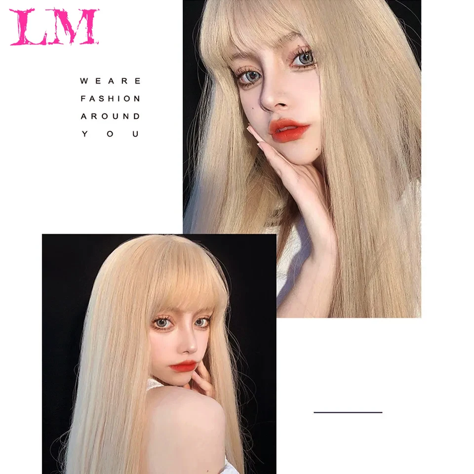 LM Blonde Long Straight Synthetic Wigs for Women Colorful Cosplay Party Fake Hair with Bangs Blonde Wig HighTemperatureBlonde