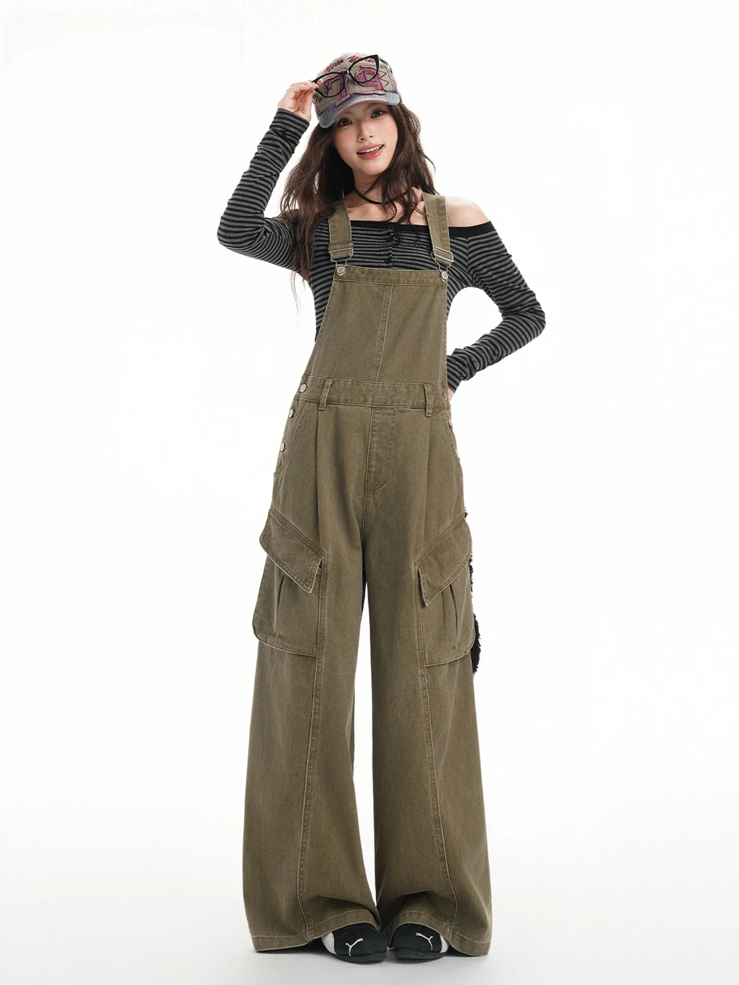 

Retro Multi-ket Workwear Overalls Women's Loose Wide-Leg American Sle Spring New Age-Defng High Waist Bib Overalls