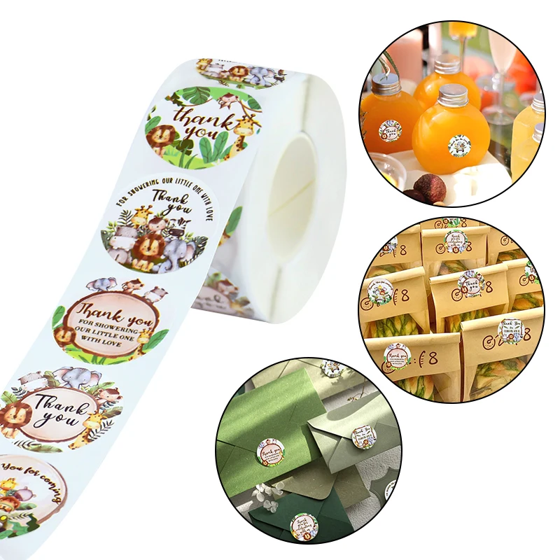 

500pcs Jungle Animal Sticker Labels Thank You Gift Packing Sticker Baby Shower Wedding Birthday Party Decor Candy Bags Box Decor