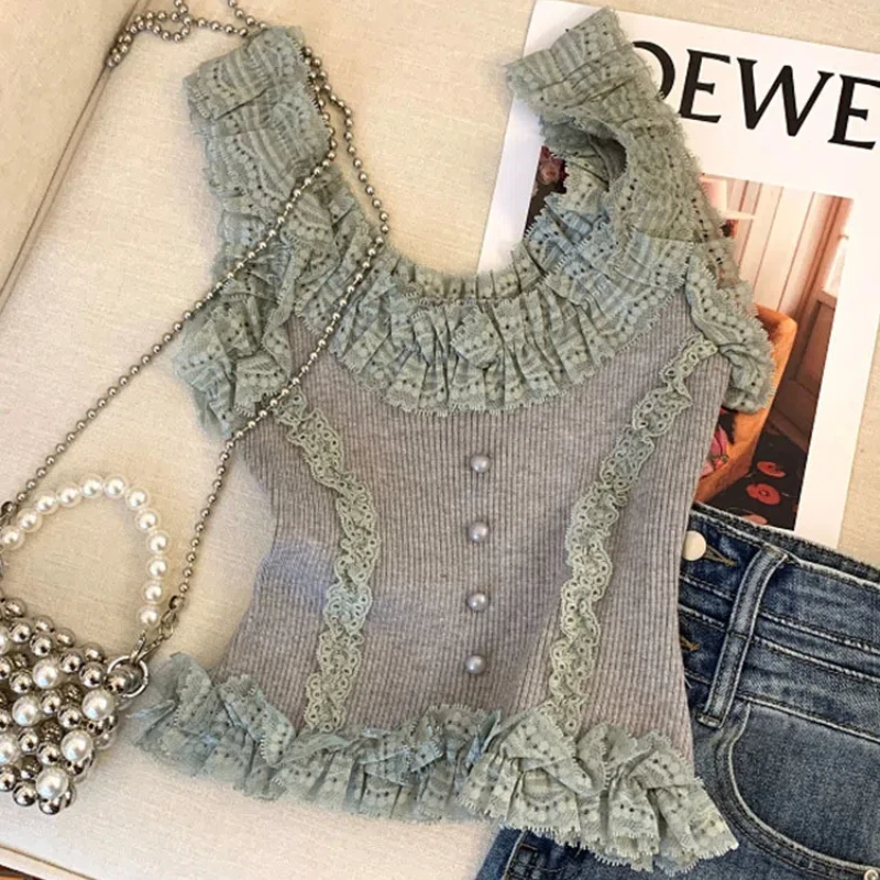 

Spring Autumn Female Clothing Sleeveless Lace Knitted Pullover Camisole Slim Minimalist Comfortable All-match Streetwear Tops