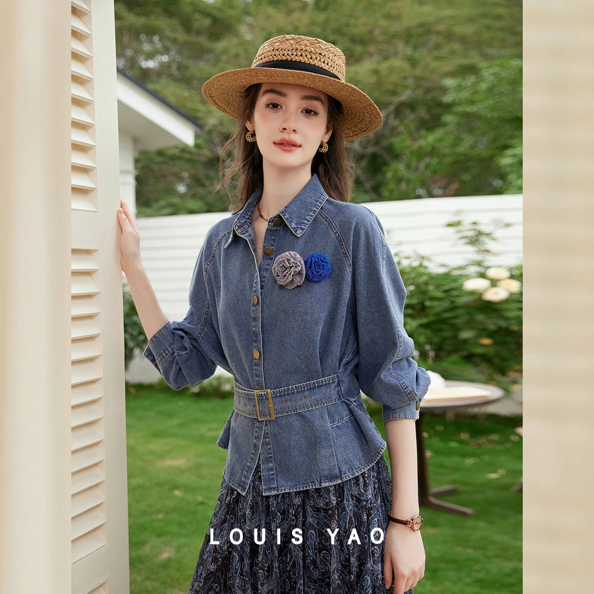 LOUIS YAO Vintage Denim Women's Jacket 2026 Autumn Commuter Outerwear Lapel Metal‑Button Raglan Sleeve Versatile  Denim Coat
