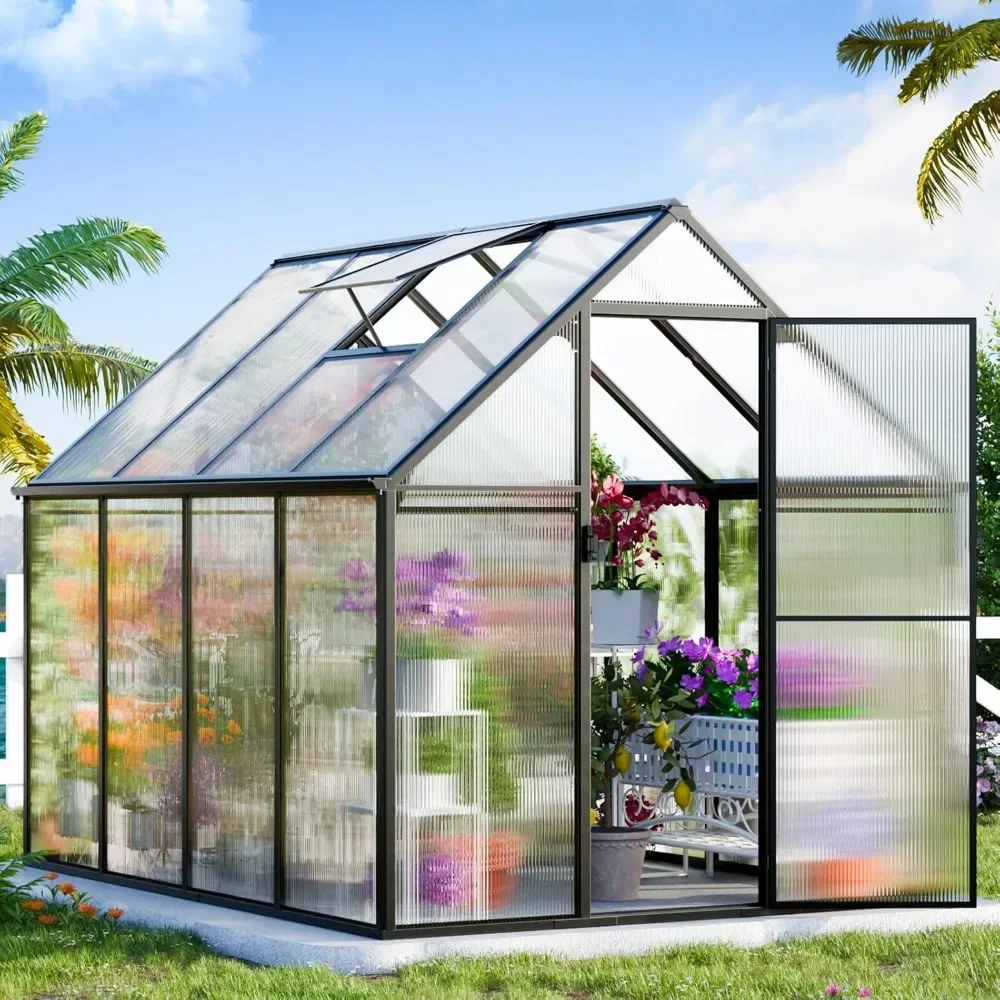 

Polycarbonate Greenhouse, 8.2x6.2 FT Easy Assembly Aluminum Heavy Duty Greenhouses for Outdoors w/ Window, Swing Door