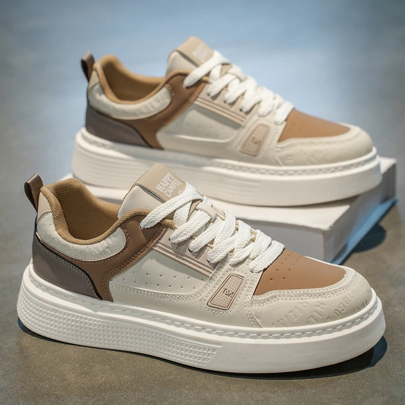 

Men's Breathable Leather Slip-On Shoes Spring Summer Trendy Casual Thick Bottom Heightening White Sneakers Waterproof Anti-Slip