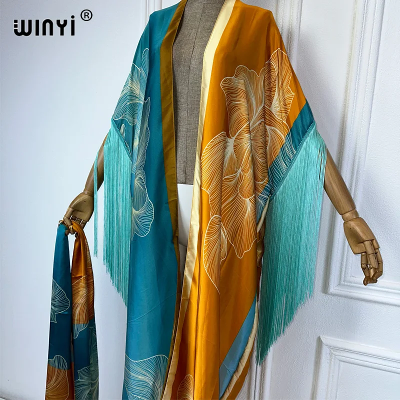 Letnia sukienka WINYI kimono boho beachwear Africa kardigan artystyczny nadruk osłona do Bikini seksowna wakacyjna sukienka z frędzlami z długim
