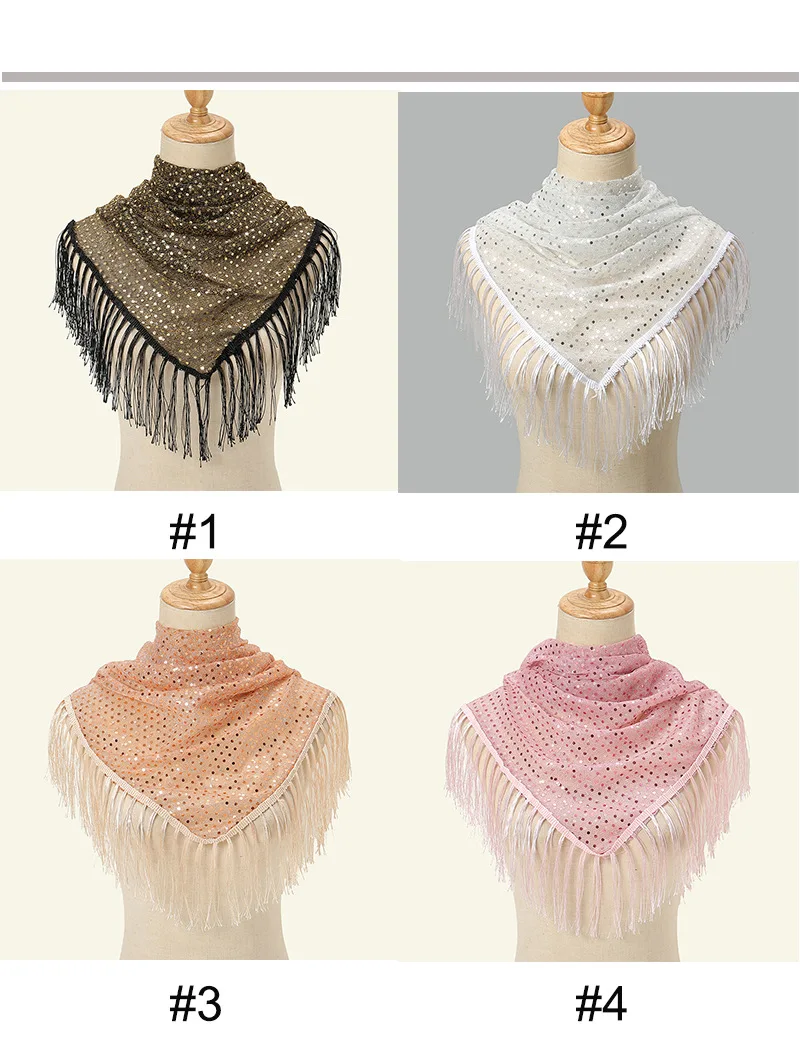 

New spring and summer sequin long tassel Korean style plaid triangle scarf hot sale classic hollow solid color triangle scarf