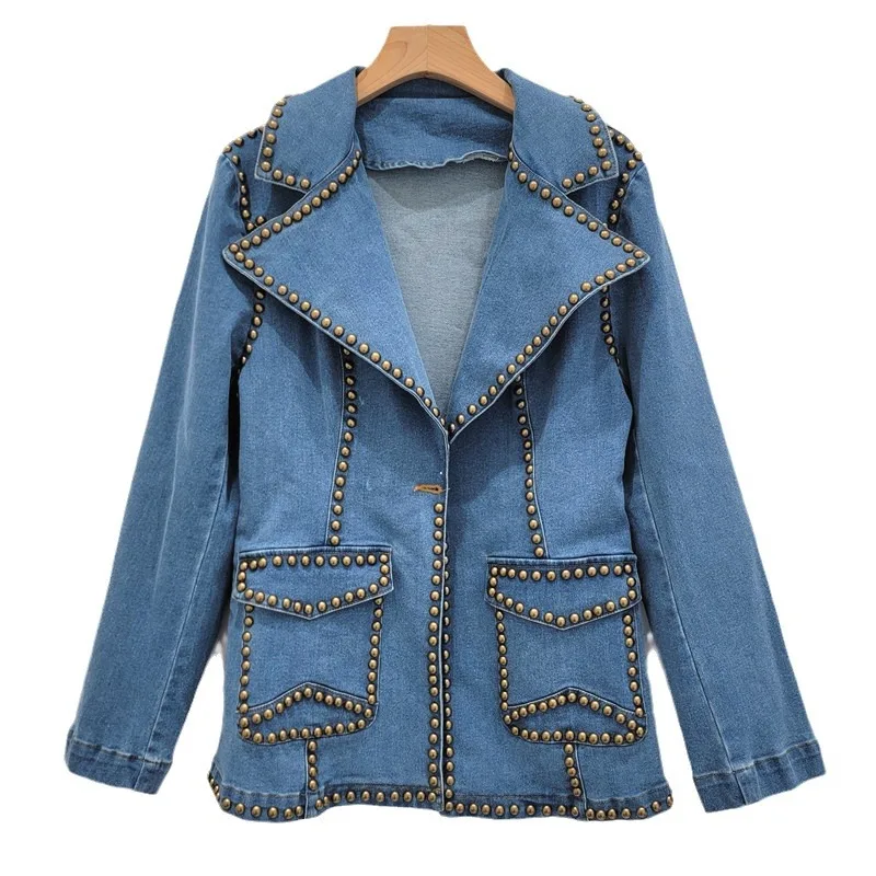 Donna diamanti perline Denim abiti giacca rivetti Jeans blazer cappotto Fit colletto rovesciato Cardigan da Cowboy top manica lunga Jaqueta